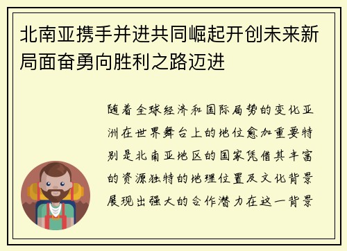 北南亚携手并进共同崛起开创未来新局面奋勇向胜利之路迈进